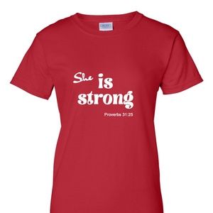 She is Strong 100% cotton, custom color Vinyl t-shirt, short-sleeved, christian